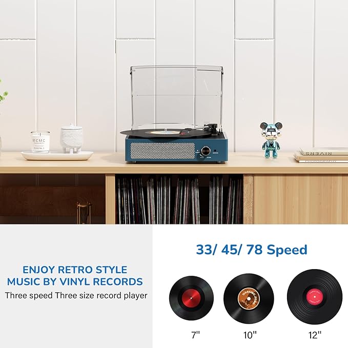 Vinyl Record Player with 2 Stereo Speakers Belt-Driven Vintage Turntables 3 Speed 3 Size Wireless Bluetooth Playback AUX-in RCA Out Headphone LP Vinyl Players Auto Stop Frosted Blue