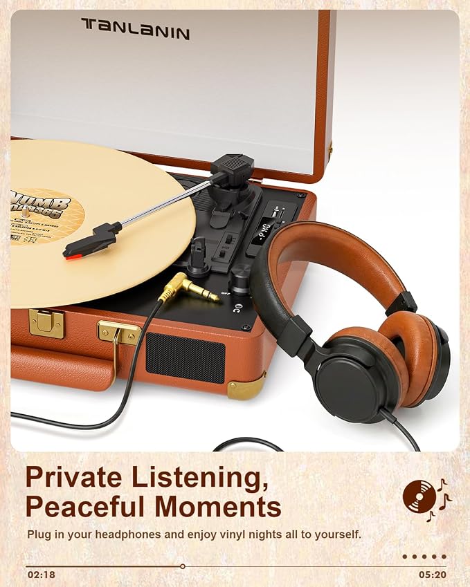 Vinyl Record Player Bluetooth Vintage 3-Speed Portable Suitcase Turntables with Built-in Speakers, Belt-Driven LP Player Support USB Recording AUX-in RCA Line Out Headphone Jack, Brown
