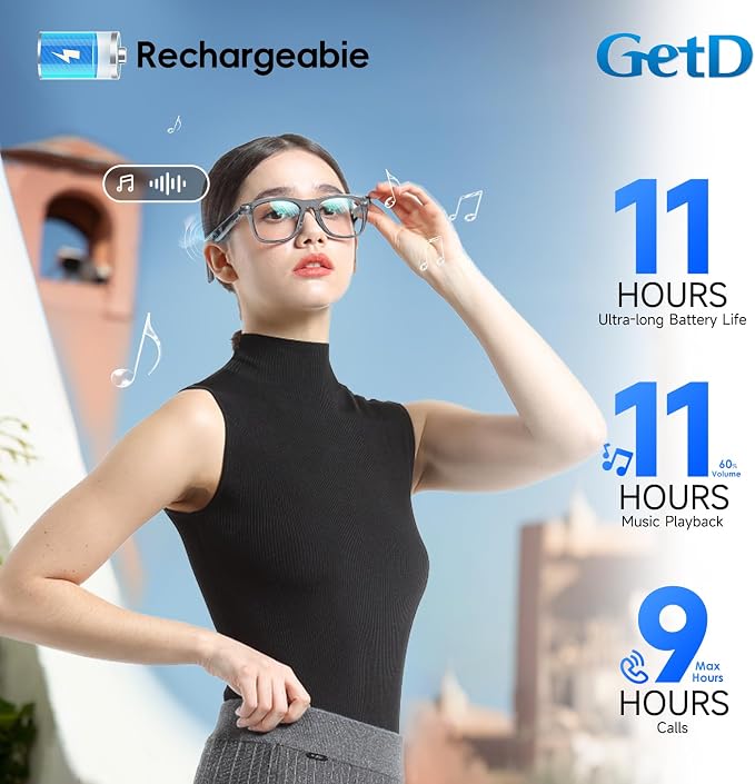 GetD AI Glasses for Men & Women, Smart Glass Powered by ChatGPT, AI Real-time Translation with 145 Languages, 11H Music Play, Bluetooth Glasses with Anti-Blue Light Lens for Daily Use, Travel
