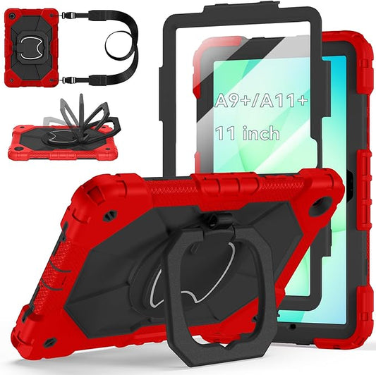 Case for Samsung Galaxy Tab A11+/A9+ Plus 11 Inch 2026/2024, Auorld Rugged Case for Samsung Galaxy A9+/A11+ Tablet with Screen Protector 360 Rotating Stand Shoulder Strap Pen Holder, Red Black
