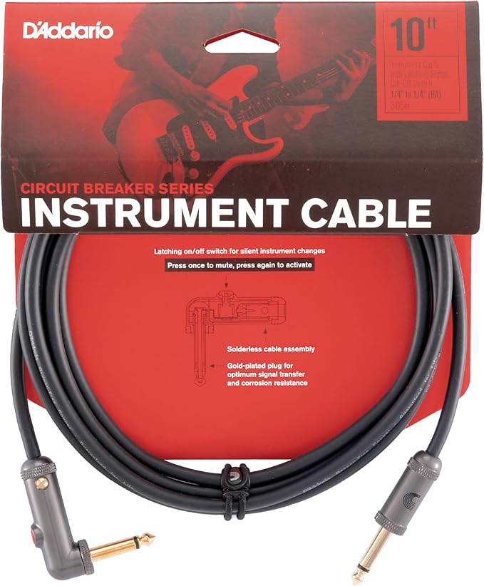 D'Addario Guitar Cable - Guitar Lead - Circuit Breaker Cable - Latching Cut-Off Switch to Mute When Changing Instrument - 10 Feet/3.05 Meters - Straight Ends/Right Angle - 1 Pack