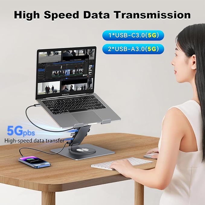 Laptop Docking Station Stand Dual Display 4K HDMI USB3.0 3.5mm Audio Jack 9-IN-1 360° Swivel Laptop Stand for Desk with USB-C Hub Multiport Adapter Universal for MacBook Pro/Air/Dell/HP/Surface/Lenovo