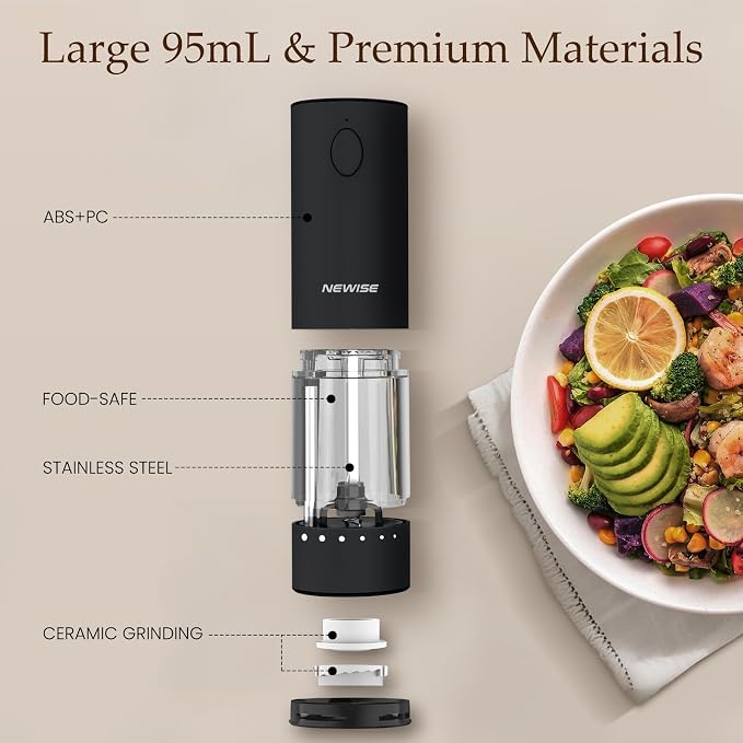 Newise Electric Salt and Pepper Grinder Set, Rechargeable Pepper Mills with LED Light & External Coarseness Adjustment, Kitchen Gadgets for Mom Home Cooks & Families - Black