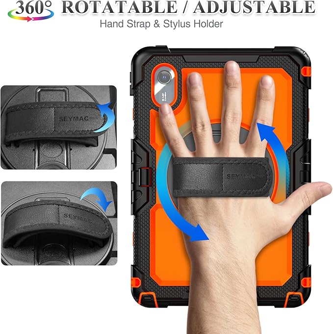 SEYMAC stock Tablet Case for Lenovo Idea Tab 11'' / M11 (TB336FU/TB330FU) 11 inch Drop-Proof Protection Cover with 360° Rotate Stand & Strap [Pen Holder] & Screen Protector 2025/2024, Orange+Black