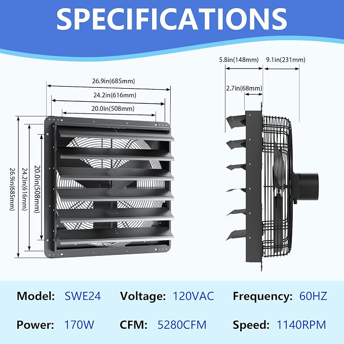 24 Inch Shutter Exhaust Fan, Aluminum Wall Mounted Exhaust Fan with Power Cord,5280 CFM High Speed Automatic Louvered Vent Fan for Greenhouse, Factory,Shop,Garage, ETL Listed