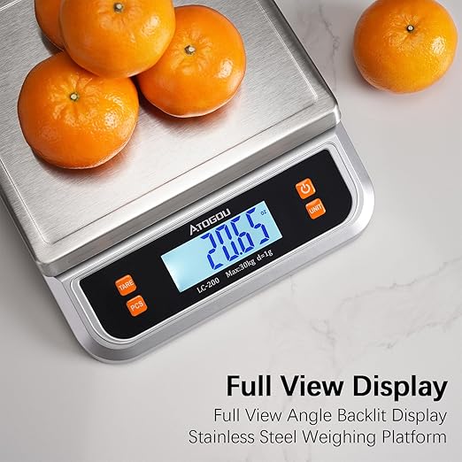 Atogou 88lb Food Scale, Commercial Kitchen Scale Plug-in Usable with Full View LCD Display, Stainless Steel, for Baking, Bread, Cooking, Meat, Vegetables, Farm, Industry LC200 Silver