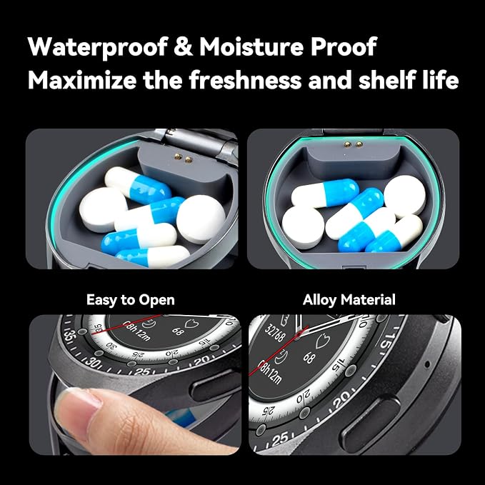 Smart Watch Pill Box, Fitness Smartwatch with Bluetooth Call for Men, Water Resistant Pill Organizer for Emergency, Pill Case for Emergency, Small Pill Container for Vitamin, Fish Oil