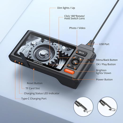 Triple Lens Endoscope Camera with Light, DEPSTECH 5" IPS Screen Endoscope Camera, 1080P Sewer Camera & Split Screen, 180° Rotation, IP67 Snake Cable, 8 Lights, Gadget for Automotive Mechanical Repair