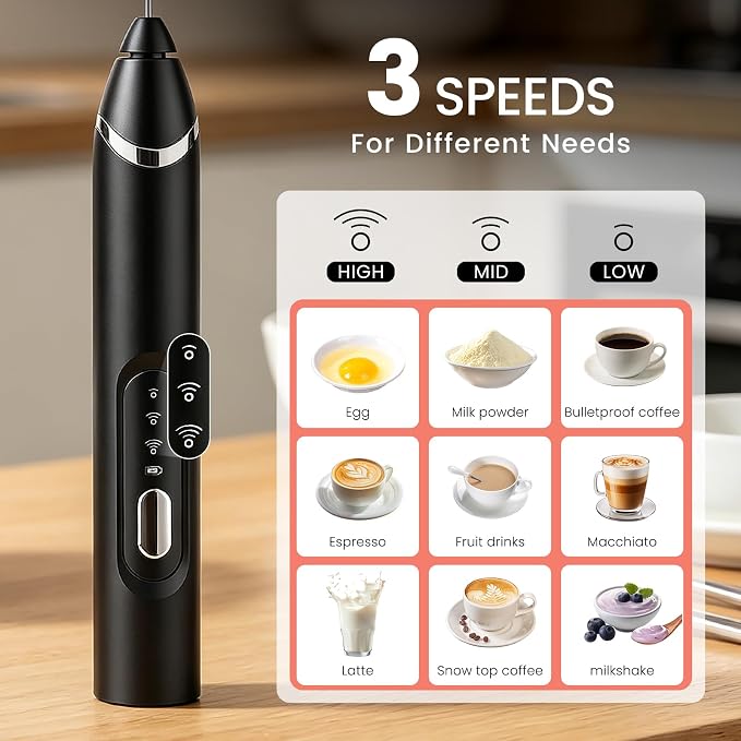 Handheld Milk Frother with Travel Case - Portable USB Rechargeable Mini Whisk for Coffee, Latte. Includes 3 whisks, storage, perfect for frothing milk, beating eggs, and blending drinks.