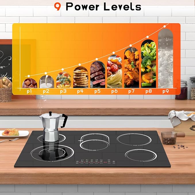 30 Inch Electric Cooktop 5 Burner 8400W Electric Stove 30 Inches Built-in Ceramic Stovetop with Touch Control, Timer, 9 Power Level, Safety Lock & Pause, 220V-240V Hard Wird (No Plug)