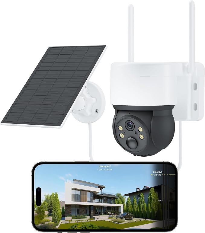 Solar Cameras for Home Security, Security Cameras Wireless Outdoor, 360° Pan & Tilt View, Battery-Powered Outdoor Camera with PIR Motion Detection, Two-Way Audio, Night Vision, Compatible with Alexa