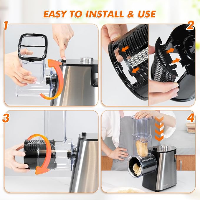 Anatole Electric Cheese Grater Stainless Steel Vegetable Shredder 6 Blades 250W Large Inlet Outlet BPA-Free 110V