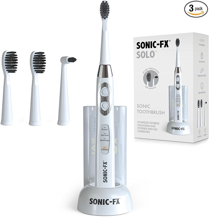 Sonic-FX Solo Sonic 3 Brushing Modes Toothbrush with Smart Timer, Rechargeable Charging Dock | Electric 1 Interdental and 2 Tooth Brush Heads Toothbrush Includes Replacement of Heads, White