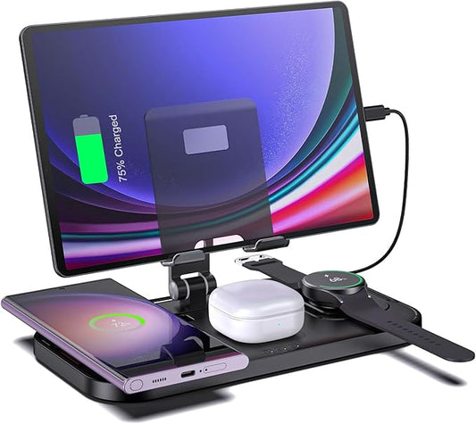 Wireless Charger for Samsung, 4 in 1 Charging Station for Samsung, Foldable Charging Stand for Galaxy S25 Ultra/S24/S23/Z Fold 7/Flip7/Note 20/Galaxy Watch 8/7/6/5 Pro/Galaxy Buds Pro3/Android/Tablet
