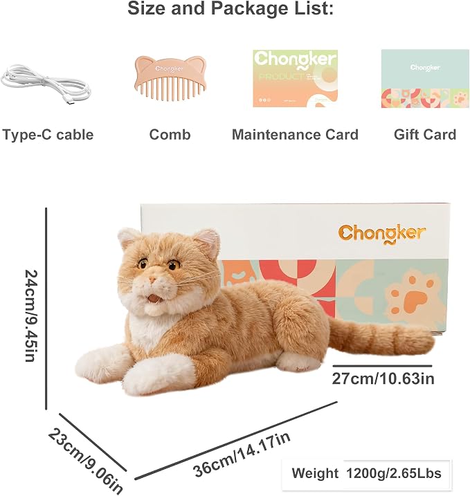 Chongker Interactive Realistic Cat Plush Toy with Sound & Heartbeat, Lifelike Robotic Kitty with Purring, Meowing, Blinking & Moving Head Tail, Custom Name Feature, Companion Gift for Seniors