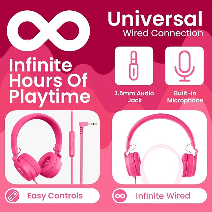 Puro Sound Labs Kids Wired Headphones – Volume-Limiting & Adjustable, Safer & Comfortable Headphones for Kids – Compatible with PCs, Smartphones & Tablets, Ideal for School & Travel – PuroBasic, Pink