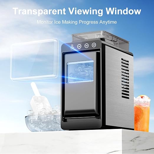 Kismile Countertop Ice Maker with 1.2L Top Water Tank, 8 Bullet Cubes in 6 Mins, 26.5lbs in 24Hrs, 2 Ice Sizes, Self-Cleaning Portable Ice Maker with Basket and Scoop, for Home/Camping/RV, Black