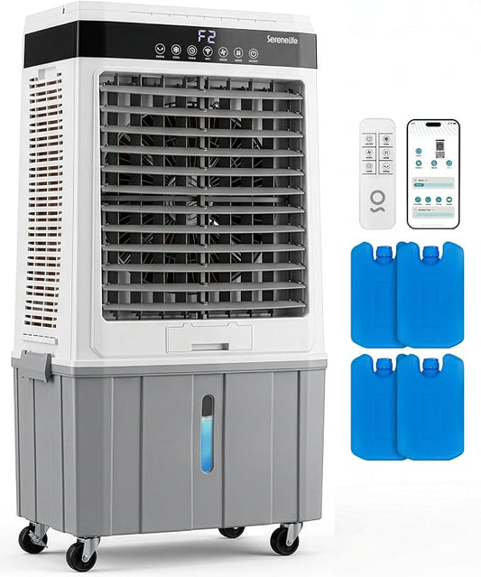 SereneLife Portable Air Cooler with 2800 CFM Power – High-Performance Evaporative Air Cooler for Indoor and Outdoor Spaces, 35 L Tank, 60° Oscillation, 12-Hour Timer, Remote Control Cooling System