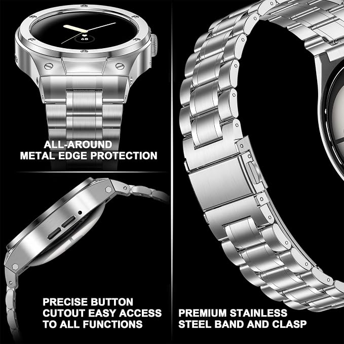 SUPLINK Stainless Steel Case and Band Compatible with Google Pixel Watch Band/Pixel Watch 2 Bands 41mm for Men,Metal Adjustable Wristband Protective Bumper for Pixel Watch 3 Accessories, Sliver
