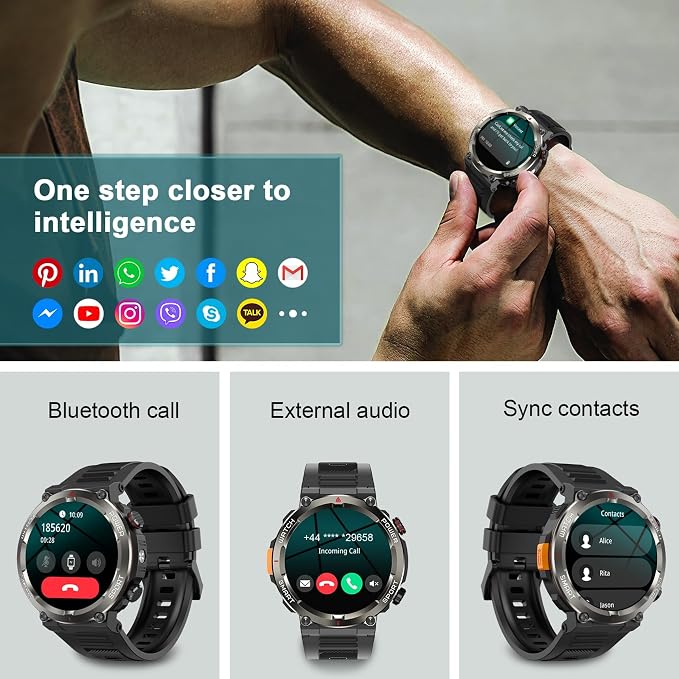 Military Tactical Smart Watches for Men, 1.45" Smart Watch for Android and iPhone, Fitness Tracker Watch with Compass & Flashlight/30-Day Battery/IP68 Waterproof/Heart Rate/120+ Sport Modes(2 Straps)