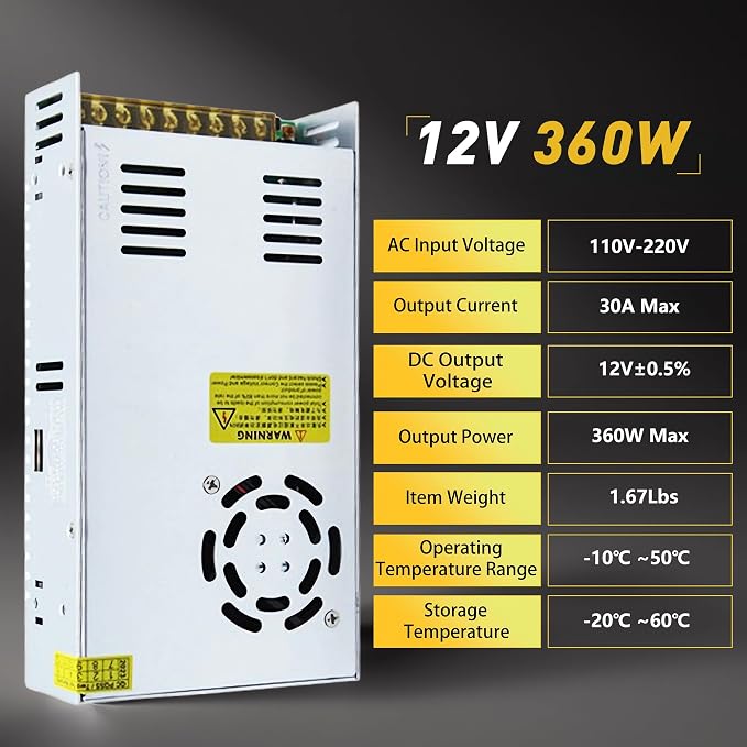 DC 12V 30A 360W Power Supply SMPS AC 110V/220V-DC 12V Transformer Adapter for Advertising Signs,CCTV Camera Security System,Computer Project of Industrial Power Supplies (DC12V-30A-360W)