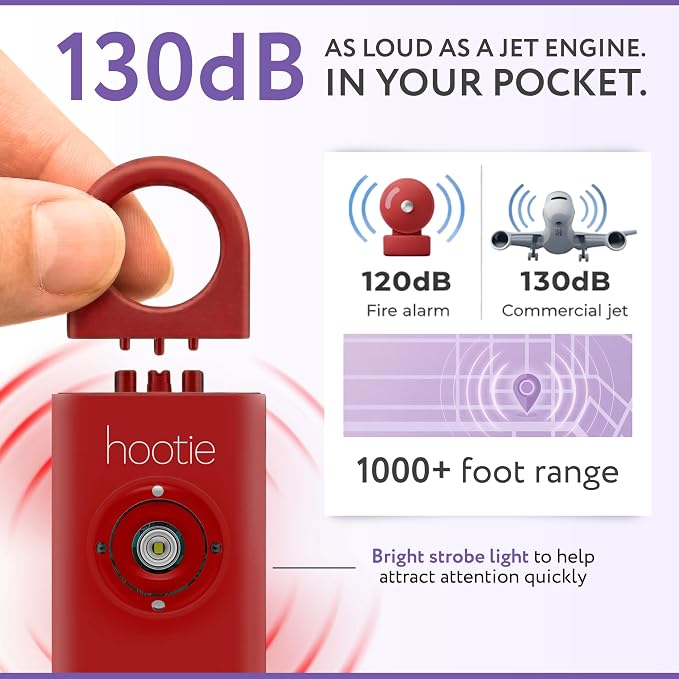 HOOTIE Personal Safety Alarm for Women, Men and Kids — 130dB Personal Alarm Keychain, Pull Pin Safety Alarm Keychain with Strobe Light, Self-Defense Alarm for Campus, Travel and Running — Red
