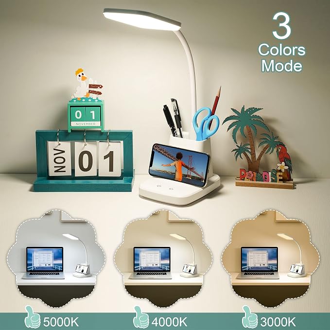 LED Desk Lamp with Wireless Charger, Sailstar White Desk Light with Pen Holder, 3 Color Modes with Stepless Dimming, CRI 85, 800 Lumen, Study Lamps for College Dorm Room, Home Office, Adapter Included