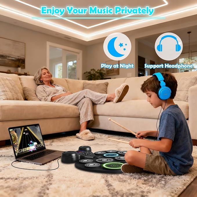 Electric Drum Set with 7-Color Dynamic LED Lights, 9-Pad Electronic Drum Set with Dual Speakers, Bluetooth MIDI, Portable Practice Drum Pad for Kids & Adult Beginners, Christmas Birthday Gift