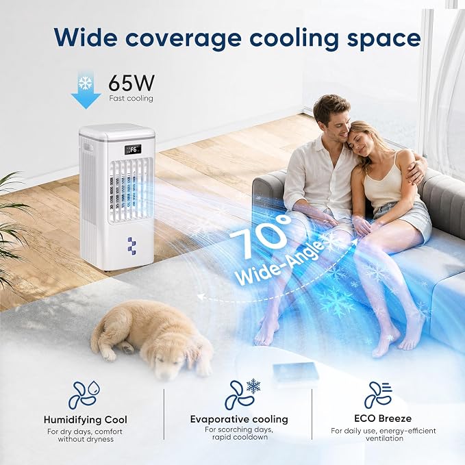 Evaporative Air Conditioners, Portable Personal Air Cooler with Detachable Water Tank & Ice Box, 36-40dB Quiet Air Cooling Fan with Child Lock, Evaporative Cooler for Bedroom Swamp Cooler