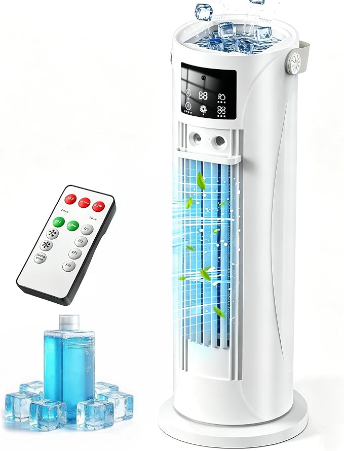 Portable Air Conditioners, 120 °rotating tower fan, portable AC for 3 wind speeds,Storm mode, 8H timing, Evaporative Air Cooler with remote control,750ML water tank, spray,cooling fan for home - white