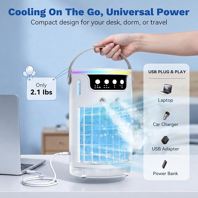 Portable Air Conditioners Fan, 1200ML Personal Evaporative Air Cooler with Water Tank, Ice Cooling Fan, Mini Desk Swamp Cooler for Bedroom, Office, Dorm, Home