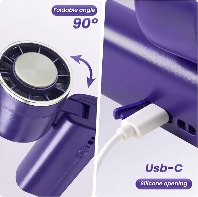 Foldable Handheld Fan with Ice Cooling - 4 Speed Rechargeable Mini Portable Fan, Ultra-Lightweight Personal Air Cooler for Desk, Travel and Makeup, Purple