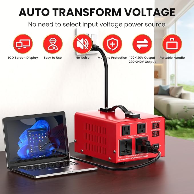 1000W Voltage Transformer Power Converter(110V to 220V, 220V to 110V) Step Up/Down Converter 110/120 Volt - 220/240 Volt w/US Power Cord, LCD Display, 2 US Outlets, 2 Universal Outlet
