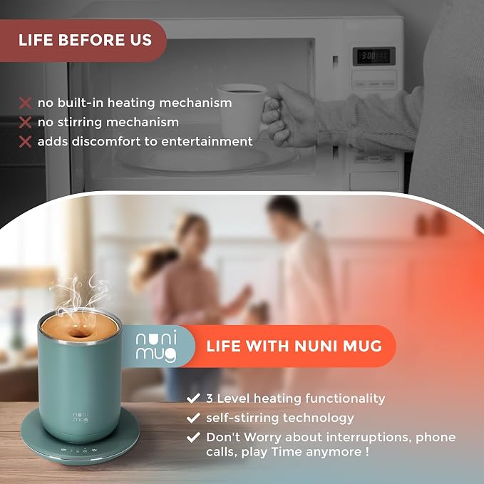 Self Stirring Coffee Mug - 10 Oz No Batteries Smart Dual Function 3 Temperature Levels Control to Stir & Heat Beverages - Powerful 12V Electric Cup in a Gift Box (Green)
