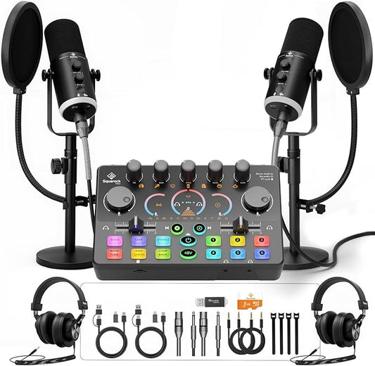 Podcast Equipment Bundle for 2, Dynamic XLR/USB Gaming Microphone & Streaming Audio Mixer with RGB Lights, Perfect for Podcast, Recording, Video Vocal, PC