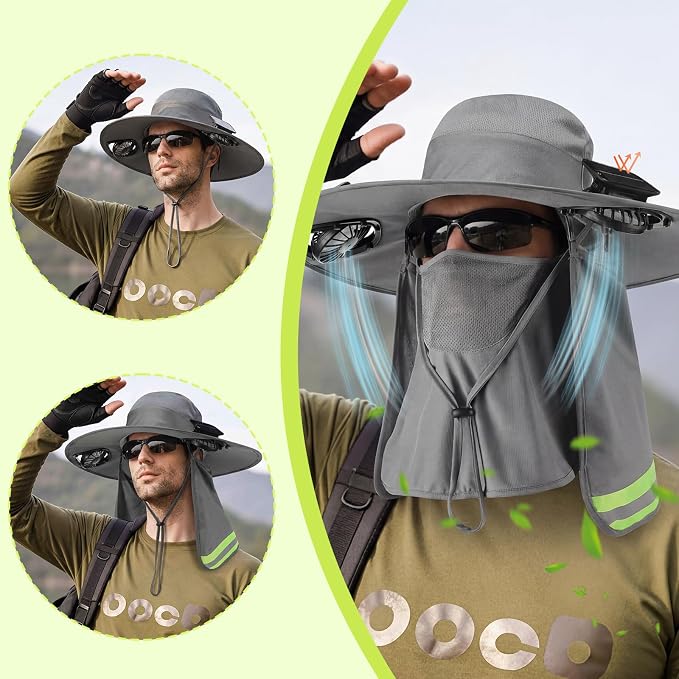 Sun Hat with Fan for Women Men Wide Brim Fishing Solar Hat with Face Cover Neck Flap Reflective with Dual Power