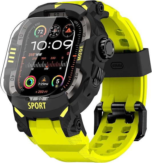 DABAOZA Rugged Case with Band Screen Protector Compatible with Apple Watch 49mm, for iWatch Ultra 3/2/1,Military Grade Shockproof Bumper and Men's Tactical Heavy Duty Strap(Fluorescent Green,49MM)