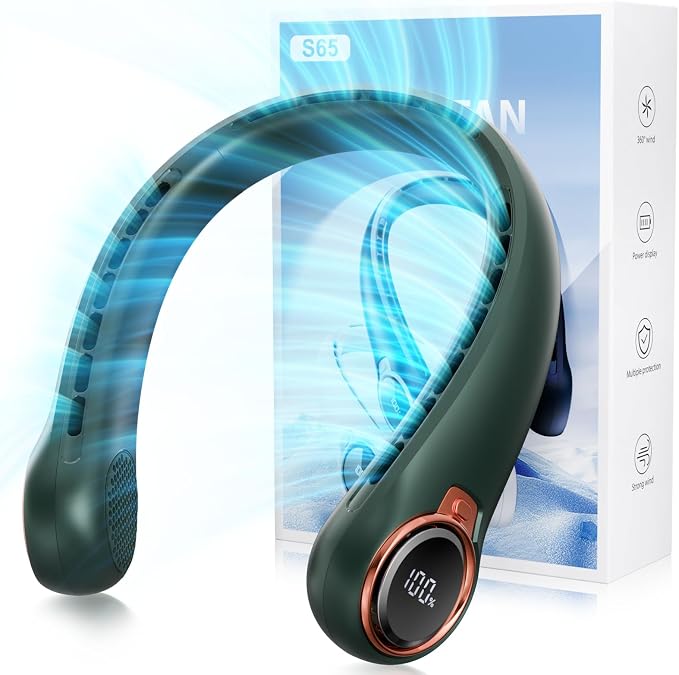 BNBZ Portable Neck Fan, 6000mAh Rechargeable Fan Blows Cold Air with LED Display, 4 Speeds, 20H Runtime, Quiet Wearable 360° Personal Cooling Fan for Outdoor Travel Work Gym,Fireplace Fans-Green