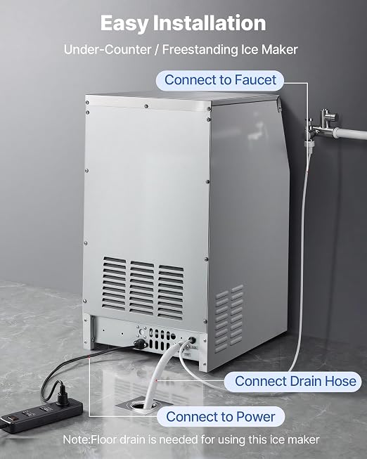VEVOR Commercial Ice Maker Machine, 130 lbs/24h with 16-30 lbs Storage Capacity, Built-in/Freestanding/Under Counter, Stainless Steel Ice Maker with LED Display & Self-Cleaning, Home Bar Restaurant