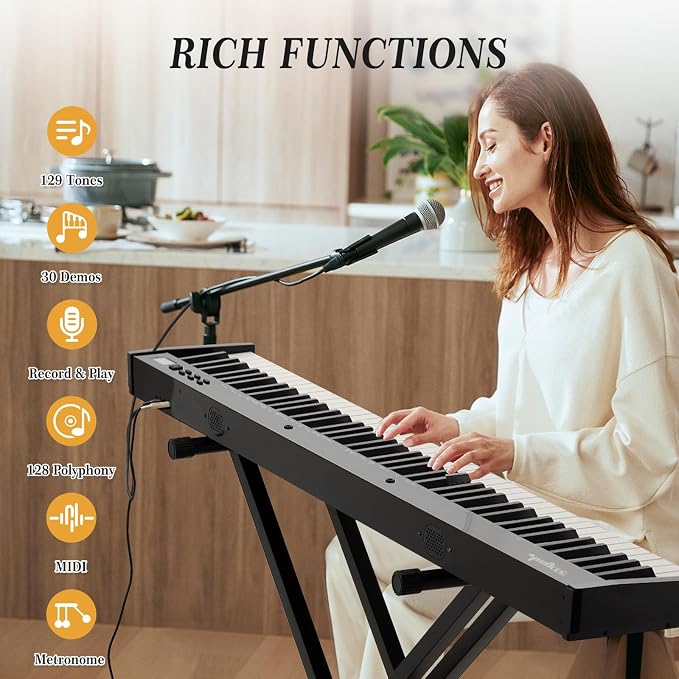 GarveeLife 88 Key Keyboard Piano, Full-Size Electric Keyboard Piano for Beginners, Portable Electric Piano with Stand, Headphones, Sustain Pedal, Handbag, Bluetooth, USB MIDI