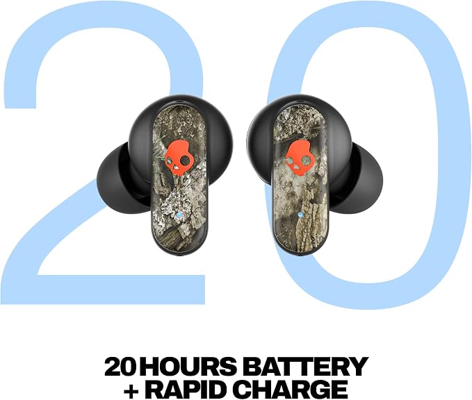Skullcandy Dime 3 Wireless Earbuds, Bluetooth Headphones, Noise Isolating Fit, Up to 20 Hours Battery, Microphone for iPhone Android, Easy Carry with Integrated Lanyard - Realtree APX Black/Orange