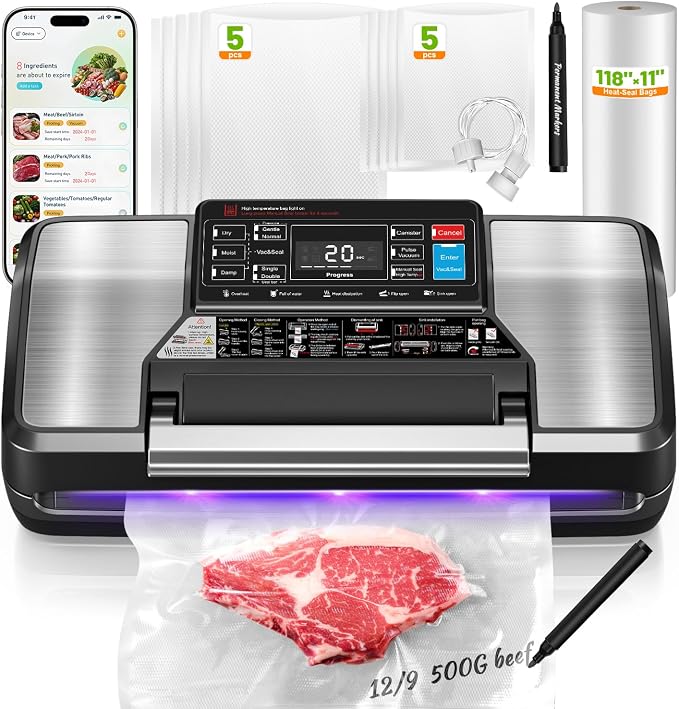 Gyreuni 95Kpa Vacuum Sealer Machine for Food with Bags, 12-in-1 Food Saver Vacuum Sealer with Double Heat Seal, Built-in Cutter,Accessory Hose, Bag Storage,10 Bags, 1 Bag Roll & Marker Pen,App Control