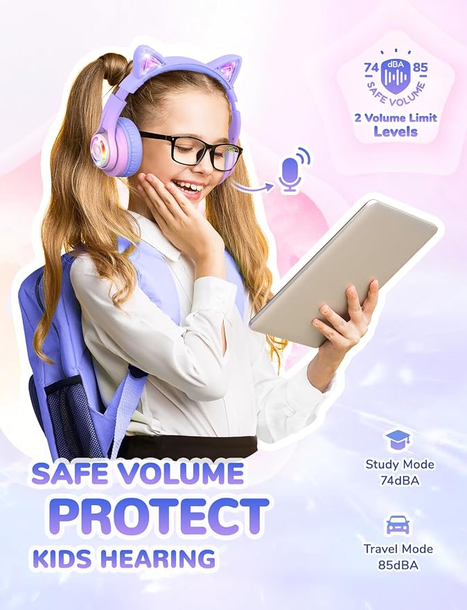 iClever Cat Ear Kids Bluetooth Headphones, LED Lights Up, 74/85dBA Volume Limited, 50H Playtime,Bluetooth 5.2, USB C, Kids Headphones Wireless for Travel iPad Tablet, Meow Macaron-Gradient Pink