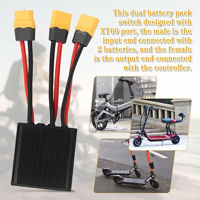 Electric Bike Dual Battery Discharge Converter, 20V-72V DC Double Battery Parallel Connector Adapter with XT60 Plug (40A)