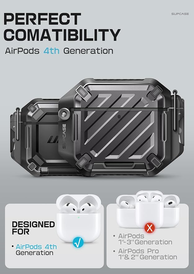 SUPCASE for AirPods 4 Case with Lock & Carabiner, IP68 Waterproof, Compatible with MagSafe, Military-Grade Protection Anti-Scratch Hard Shell Cover for AirPods 4th Generation 2024, Black