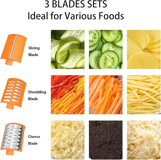 Electric Cheese Grater with 3 Set Blades, Automatic Efficient Slicer & Grater & Shredder for Carrot, Potato, Cabbage & More Vegetables/Salad/Cheese, 4" Large Feed Tube, Built-in Blade Storage Box