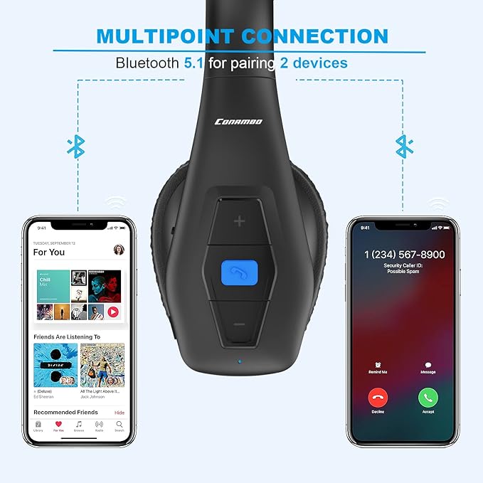 Conambo Bluetooth Headset V5.1, Trucker Bluetooth Headset with CVC8.0 Dual Mic Noise Canceling & Mute Button & 60 Hrs Workingtime Wireless On-Ear Headphones for Trucker Home Office Work Cell Phones