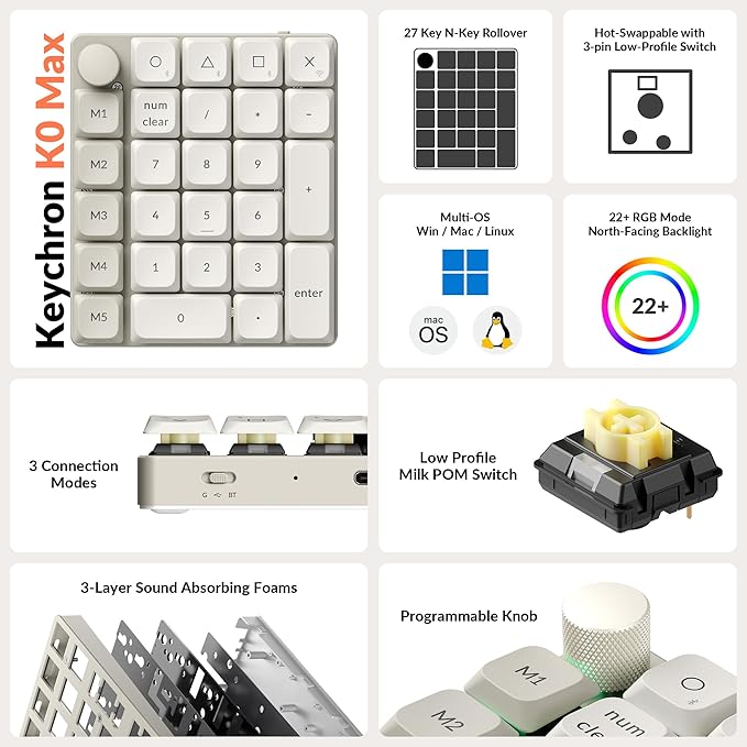 Keychron K0 Max QMK Wireless Custom Number Low-Profile RGB Backlit (Hot-Swappable) Banana Switch Keypad, 2.4 GHz & Bluetooth 5.3 Connection, 1000Hz Polling Rate - Retro Version