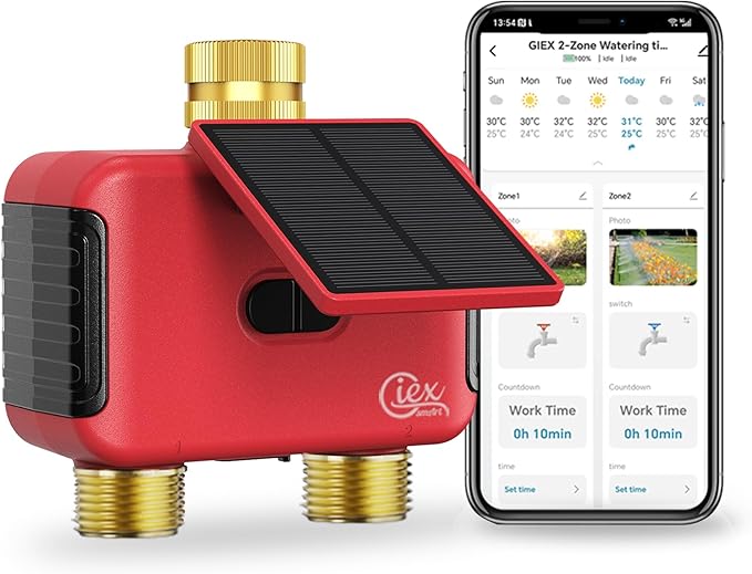 2 Zone WiFi Smart Sprinkler Timer for Garden Hose, Solar Rechargeable Water Timer with Dual Outlet, Brass Inlet & Outlet, No Hub Required, Smart Life App, Alexa & Google Assistant Compatible