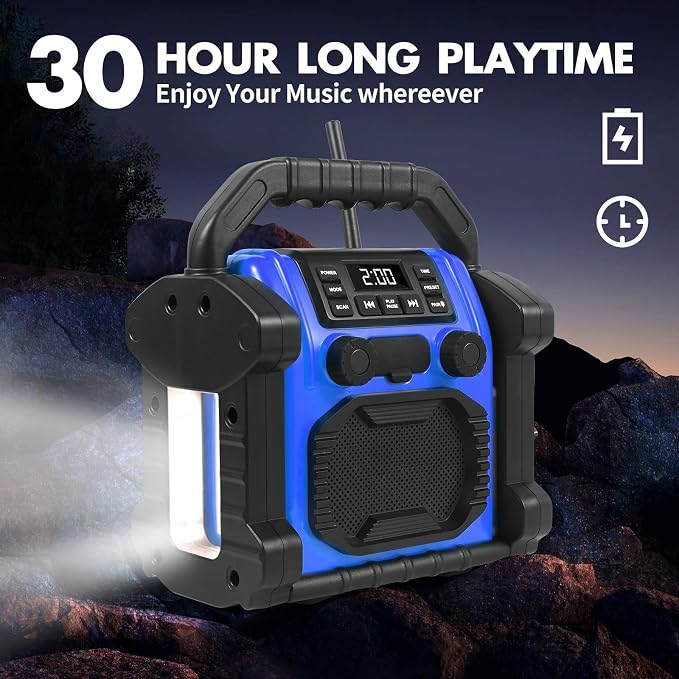 Outdoor Radios Waterproof Bluetooth Speaker, 30W 8000mAh Battery FM Clock Radio,Portable with LED Lights，Anticollision FM Radios for Outdoor/Workshop/Garage (Blue)